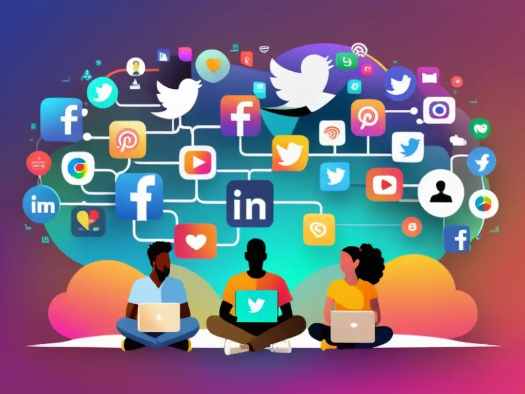 Impacto de la IA en la diversidad de redes sociales Una imagen de personas diversas usando redes sociales en varios dispositivos, con visualizaciones de datos y algoritmos de IA