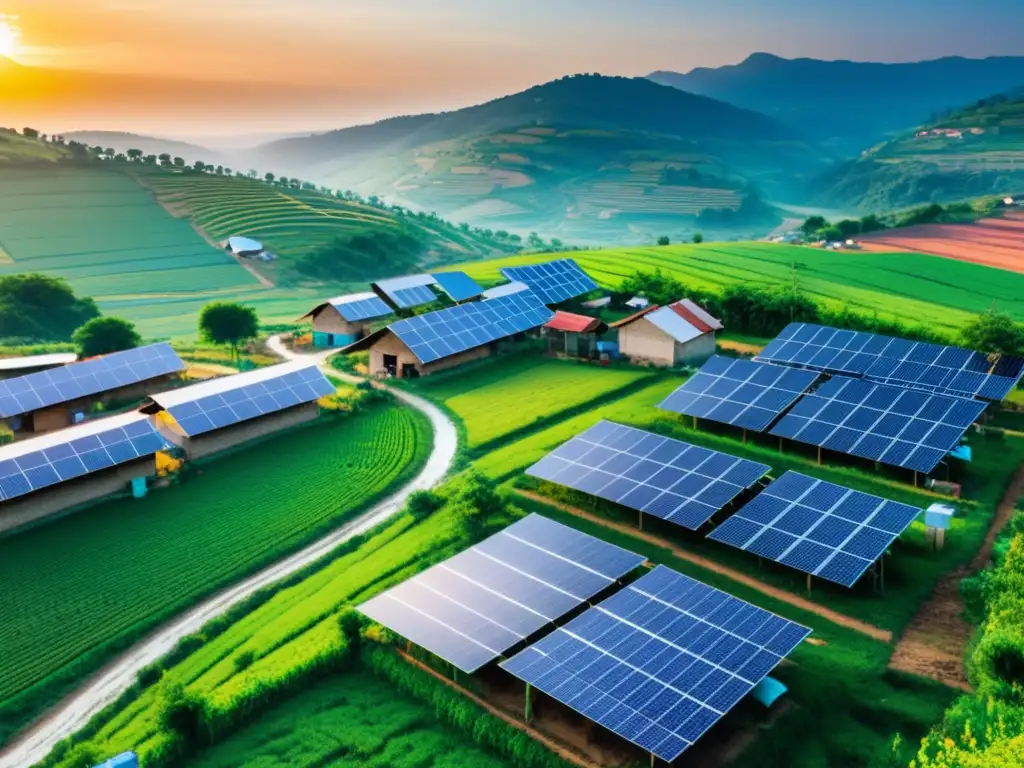 Una imagen de un pueblo rural al anochecer, con paneles solares en los tejados, iluminando el paisaje con una luz cálida y sostenible