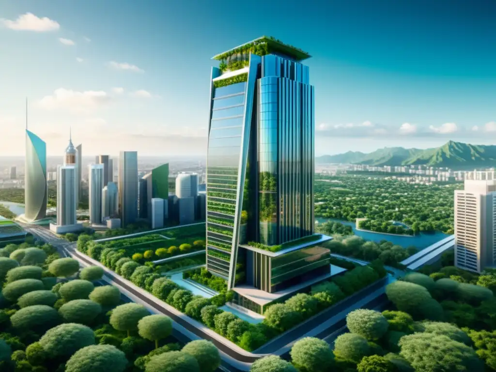 Imagen en 8k de un rascacielos futurista de nanoconstrucción rodeado de vegetación, reflejando la ciudad