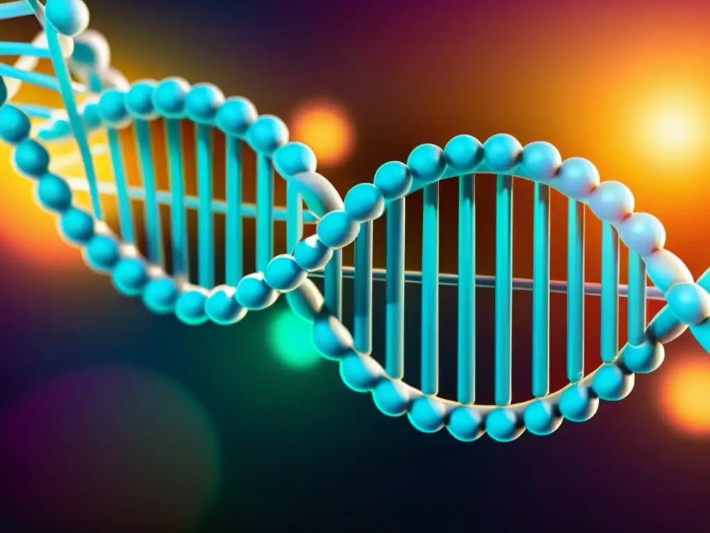 ADN brillante y futurista: nutrición genómica Una imagen de alta resolución muestra una doble hélice de ADN con bases nucleótidas vibrantes y un fondo moderno con equipo científico