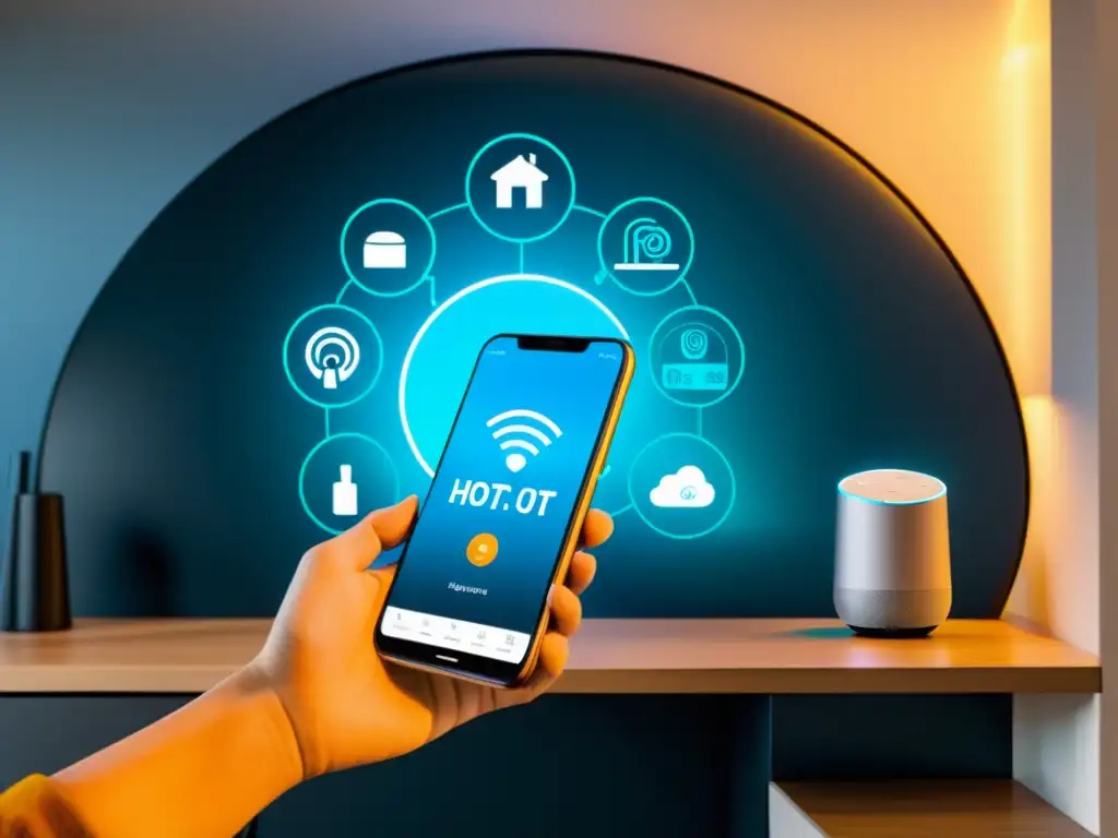 Una imagen de alta resolución muestra un hogar inteligente moderno con dispositivos IoT conectados, destacando la conveniencia y la seguridad