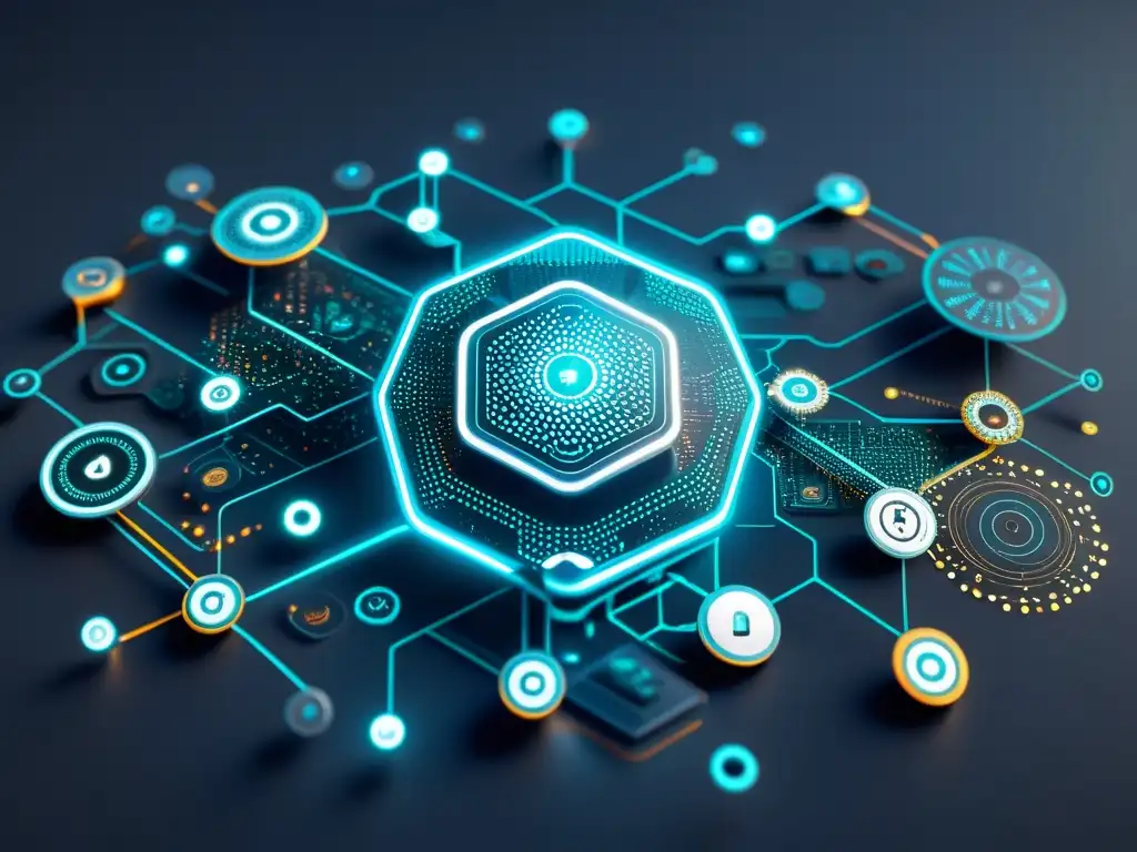 Imagen de alta resolución de una red futurista de dispositivos IoT y mecanismos de seguridad, con elementos de diseño moderno