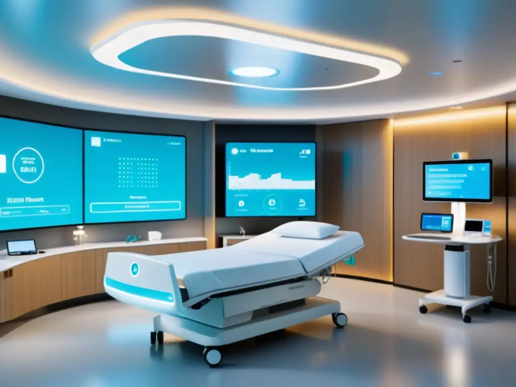 Una imagen de alta resolución muestra una sala de hospital futurista con innovaciones IoT para una atención médica eficiente