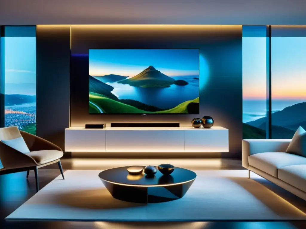 Imagen de sala futurista con streaming Ultra HD en 5G, lujo y elegancia en decoración y tecnología