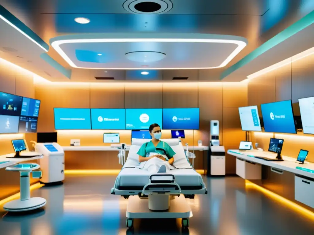 Imagen de una sala de hospital moderna con tecnología médica 5G, mostrando innovación y eficiencia