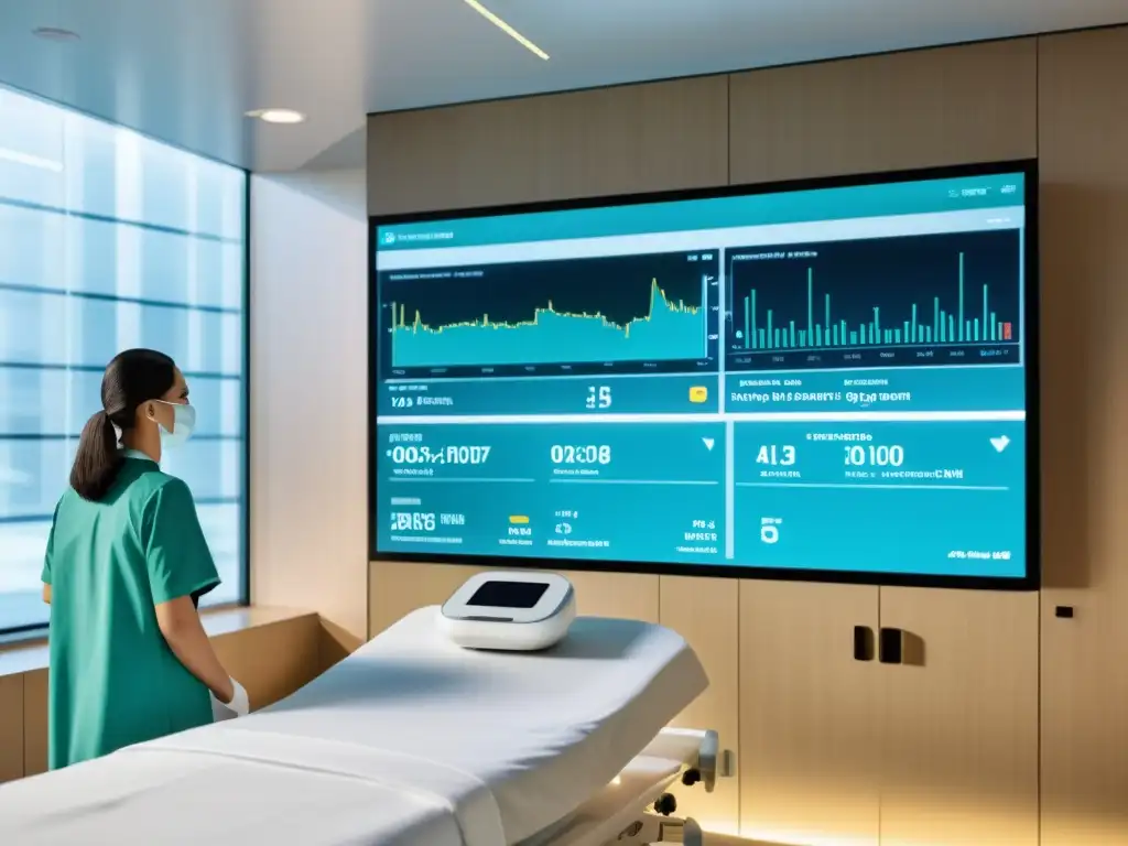 Imagen de una sala de hospital moderna con un sistema de gestión de datos clínicos con inteligencia artificial futurista en una pantalla transparente