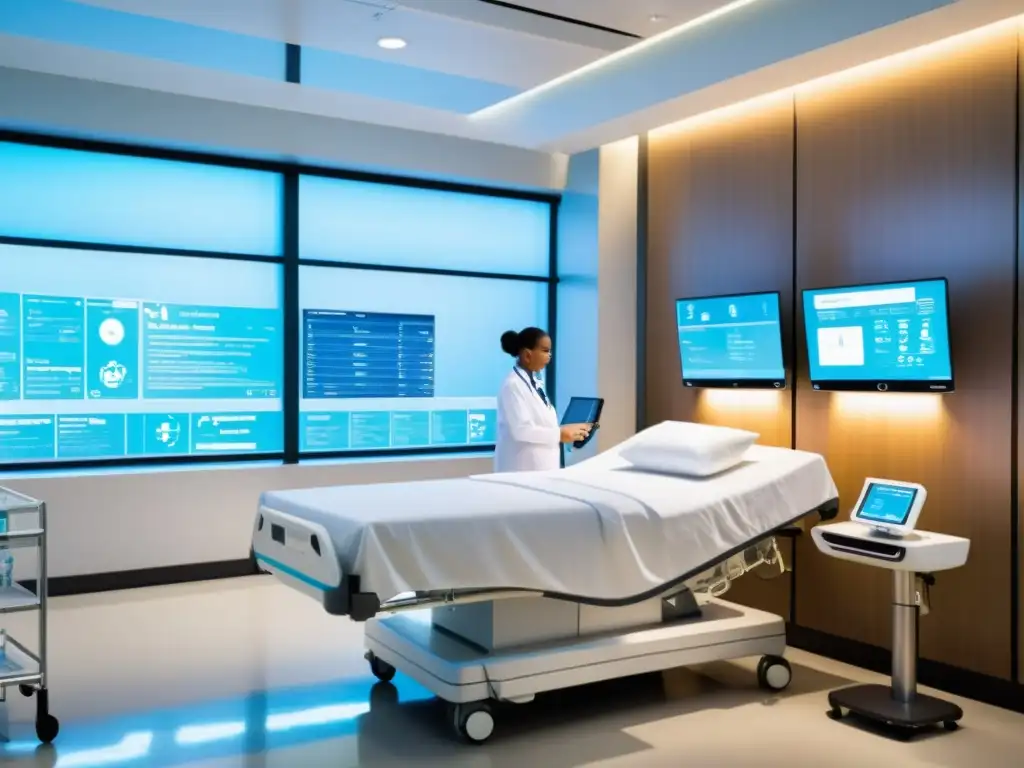 Imagen de una sala de hospital moderna con equipo médico avanzado interconectado a través de dispositivos IoT