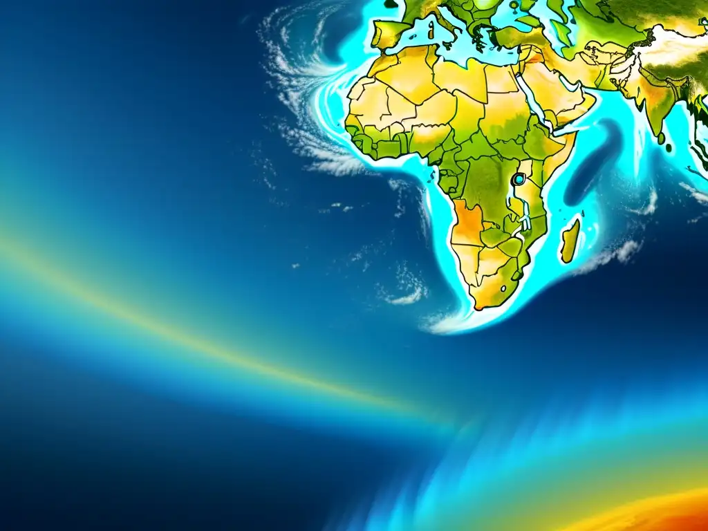 Imagen satelital de alta resolución muestra atmósfera terrestre con visualizaciones de datos, ilustrando impacto del cambio climático y aplicaciones de analítica avanzada para combatirlo