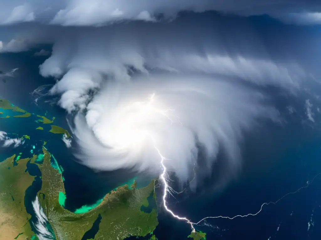 Imagen satelital de alta resolución de un poderoso sistema de tormentas sobre una región costera, con relámpagos brillando en medio de espesas nubes