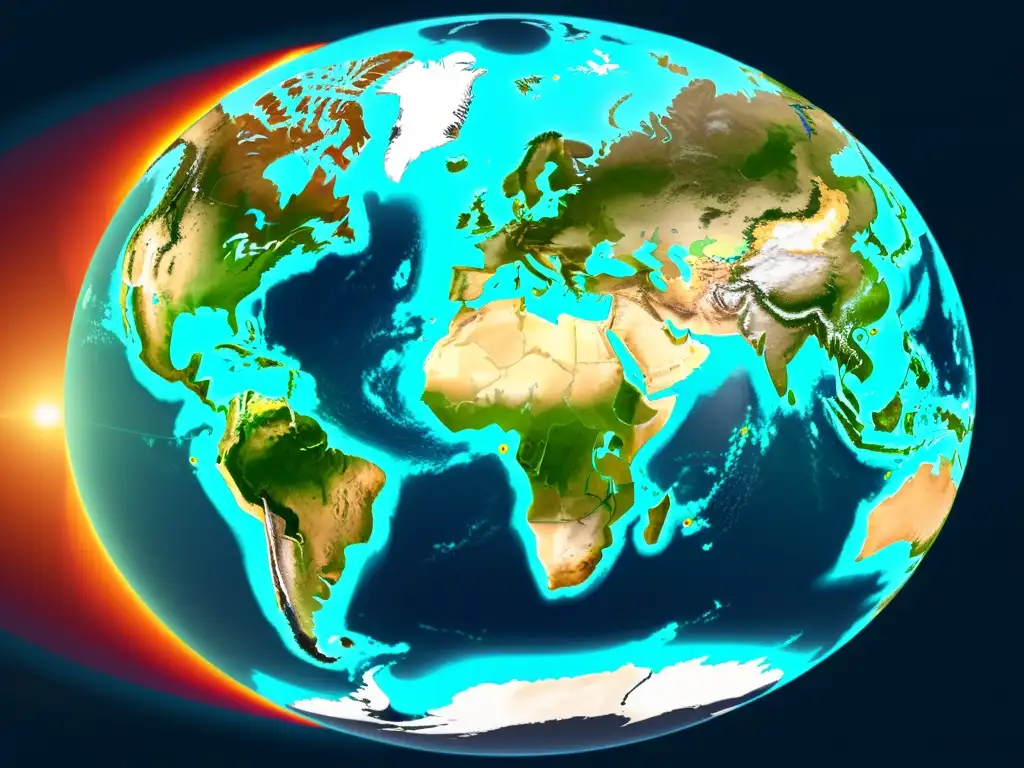 Imagen satelital de alta resolución mostrando la Tierra con visualizaciones detalladas de datos climáticos