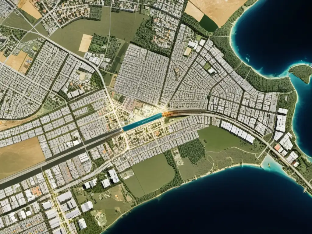 Imagen satelital de alta resolución mostrando tecnología avanzada de gestión de desastres en una ciudad resiliente ante crisis