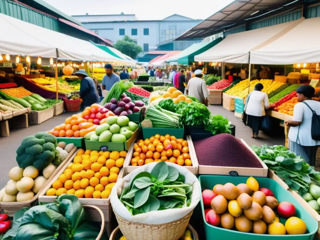 Mercado urbano sostenible: colores vivos y productos locales Una imagen vibrante de un mercado urbano lleno de vida, con productos sostenibles y coloridos que representan exitosos casos de economía circular