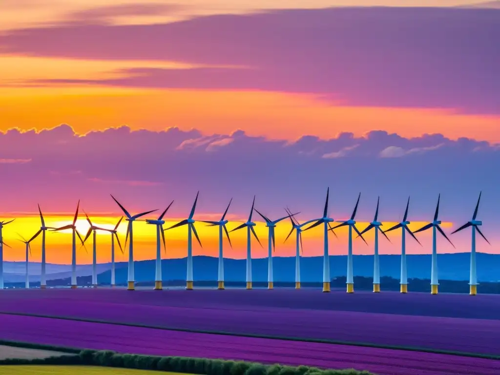 Un impactante atardecer con granja eólica, simbolizando el impacto de la energía eólica en el cambio climático