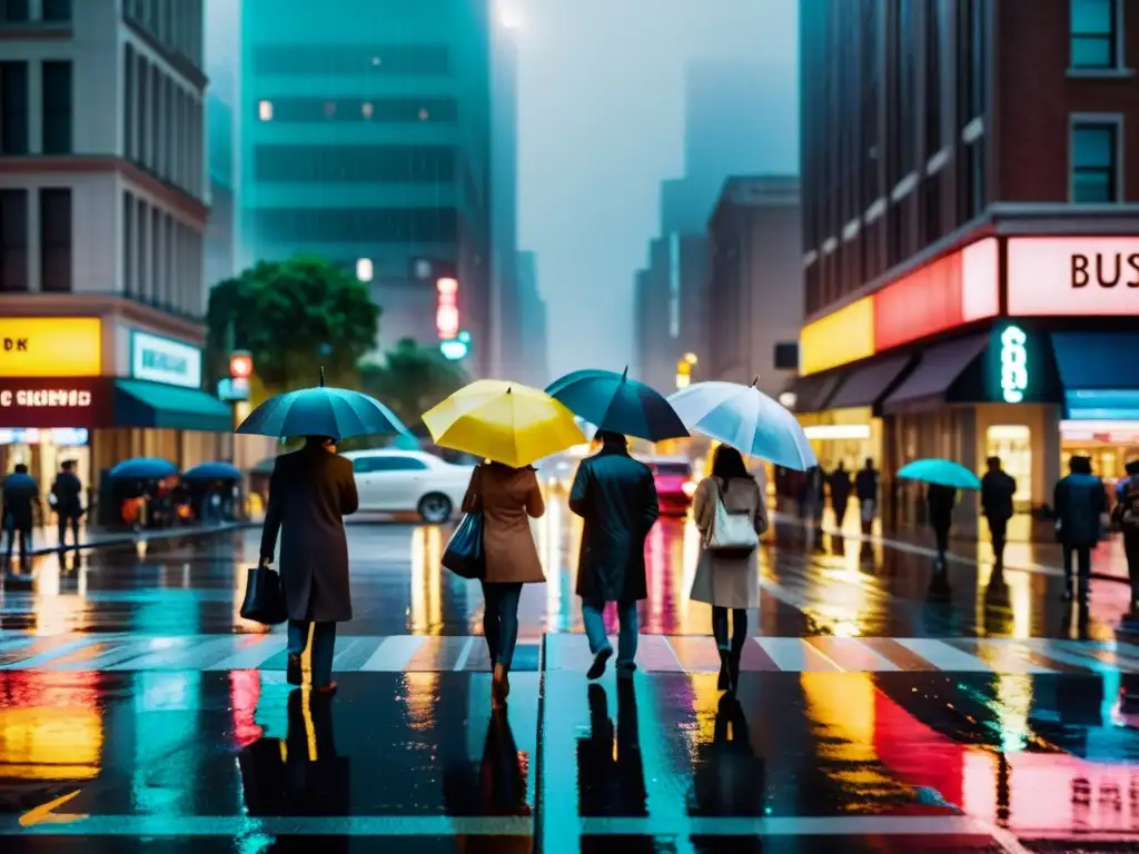 La impactante imagen de una ciudad lluviosa con personas bajo paraguas y luces urbanas reflejadas en el pavimento mojado