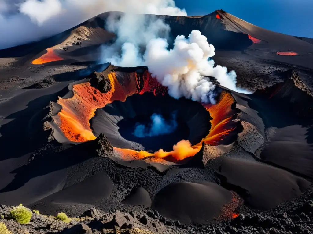 Una impactante imagen de un cráter volcánico con humo y lava ardiente, bajo un cielo azul