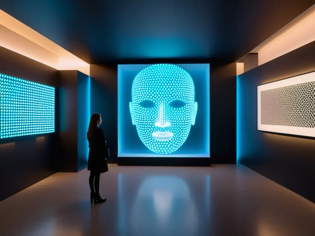 Una impactante instalación de arte futurista que combina obras generadas por inteligencia artificial y humanos en un elegante espacio de galería