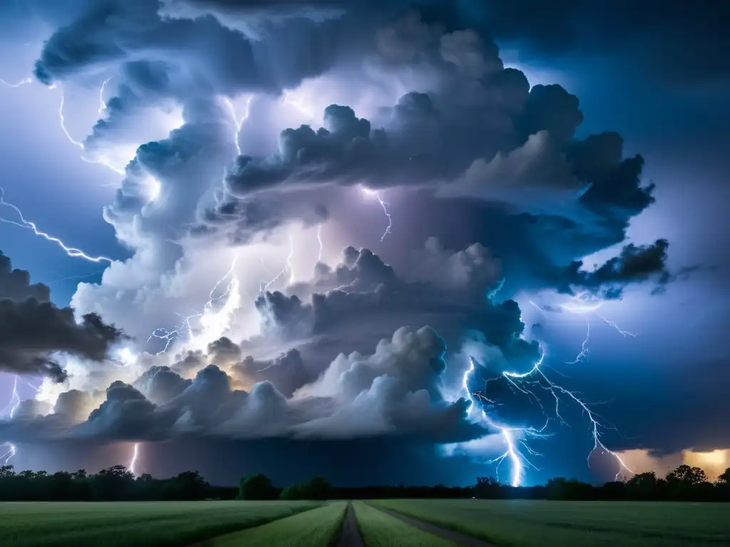 Visualización impactante de una tormenta poderosa, con relámpagos iluminando el cielo oscuro