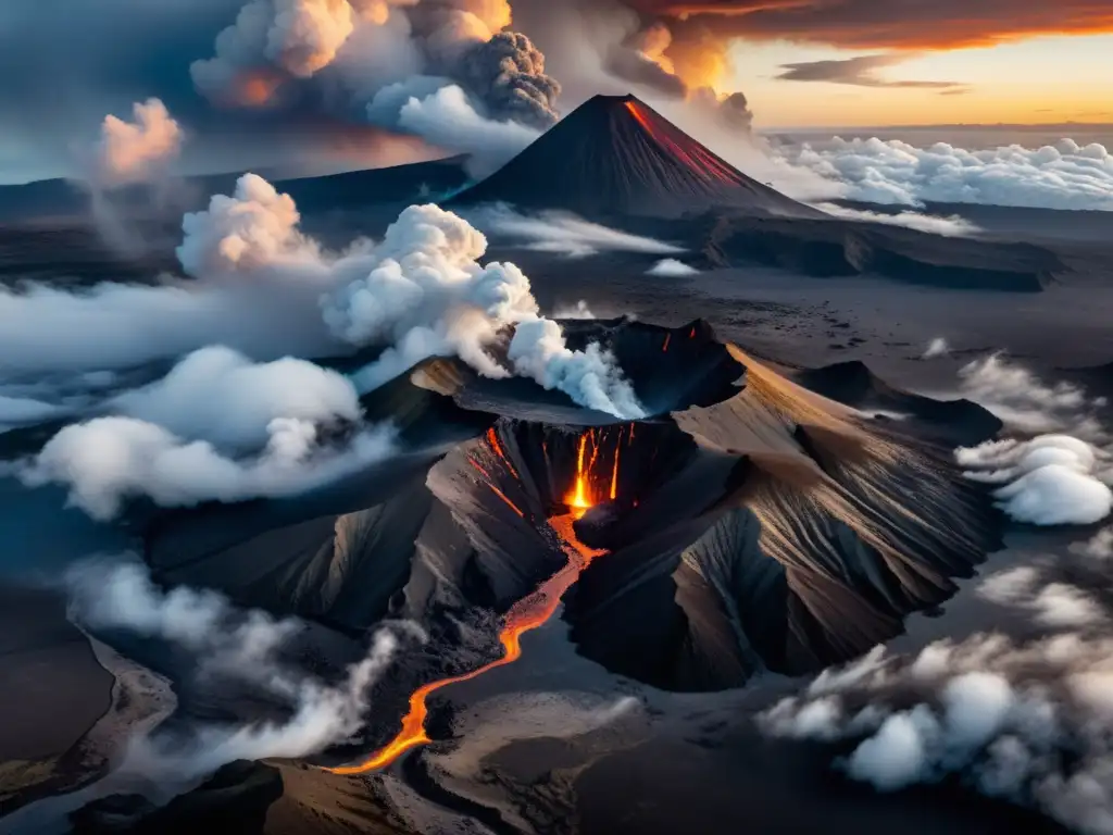 Una impactante vista aérea de un paisaje volcánico con nubes de ceniza y vapor