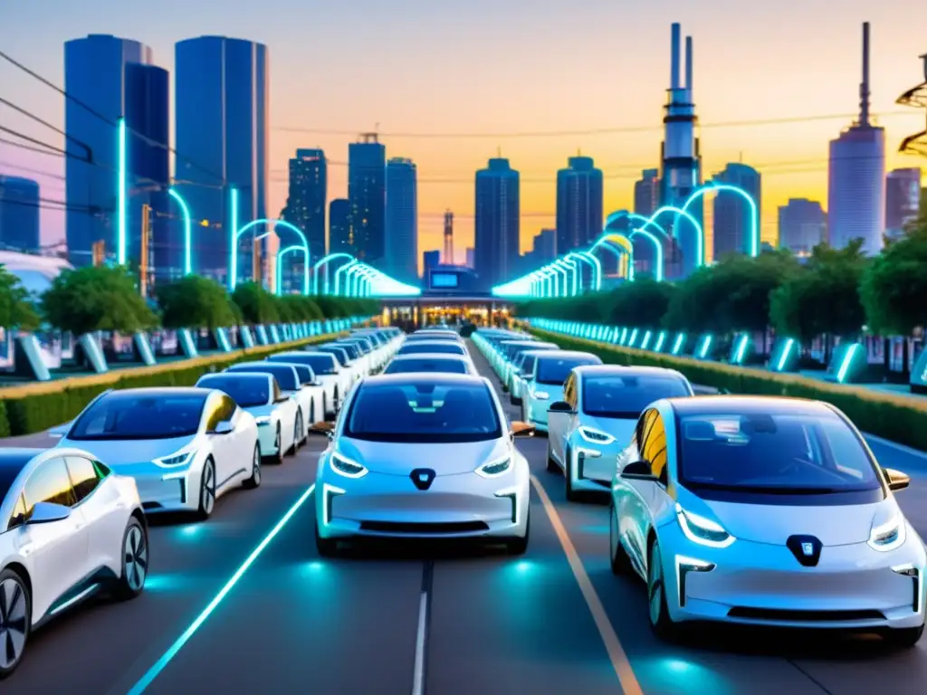 Impacto de coches eléctricos en las redes eléctricas urbanas, integrándose sin problemas en el paisaje urbano futurista