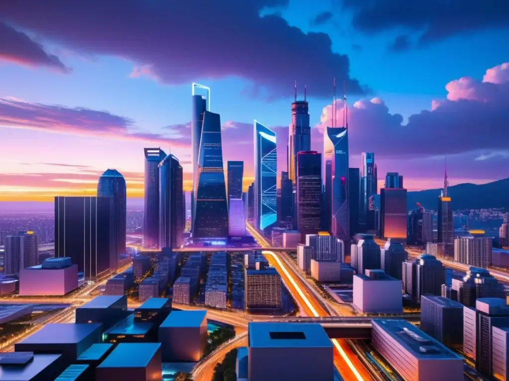 Impacto de la IA en el Empleo: Ciudad futurista con rascacielos iluminados por luces de neón y una red de datos brillantes que reflejan la integración de la IA y la tecnología en el trabajo