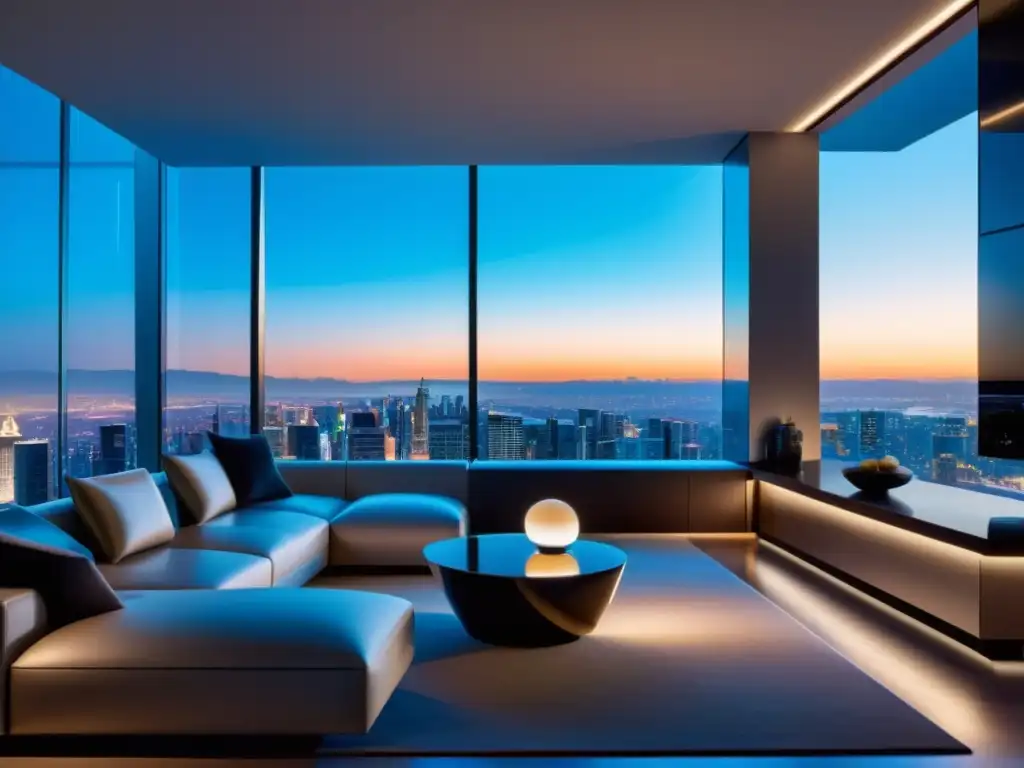 Impacto del 5G en asistentes de voz, integración futurista en un salón con vistas a la ciudad y una iluminación ambiental suave
