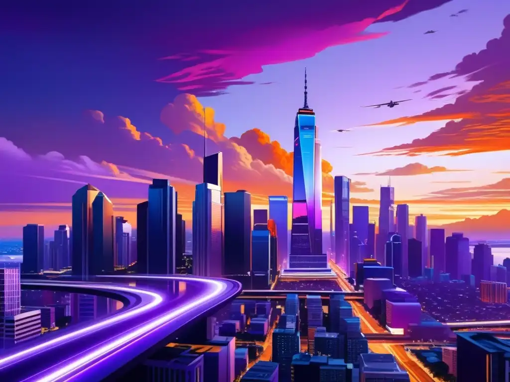 Impacto de la IA en la Industria Creativa: Pintura digital hiperrealista de una ciudad futurista con rascacielos y tecnología avanzada