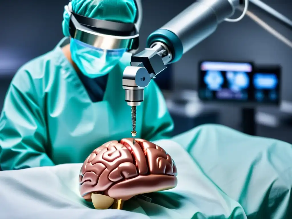 Implante cerebral de vanguardia en sala de operaciones neuroquirúrgica, reflejando tecnología avanzada y avances en neurociencia