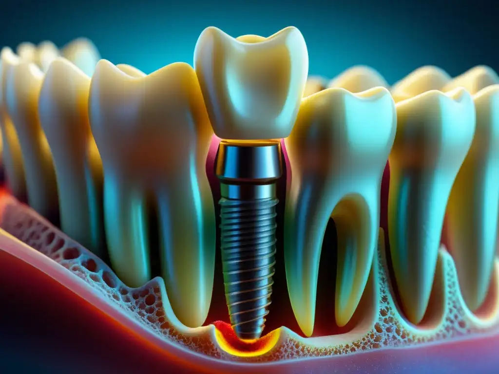 Implante dental a escala nanométrica rodeado de bacterias, destacando la importancia de la nanotecnología en odontología