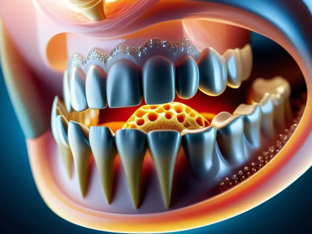 Implante dental de nanotecnología integrándose en la mandíbula, reflejando luz en una clínica dental futurista