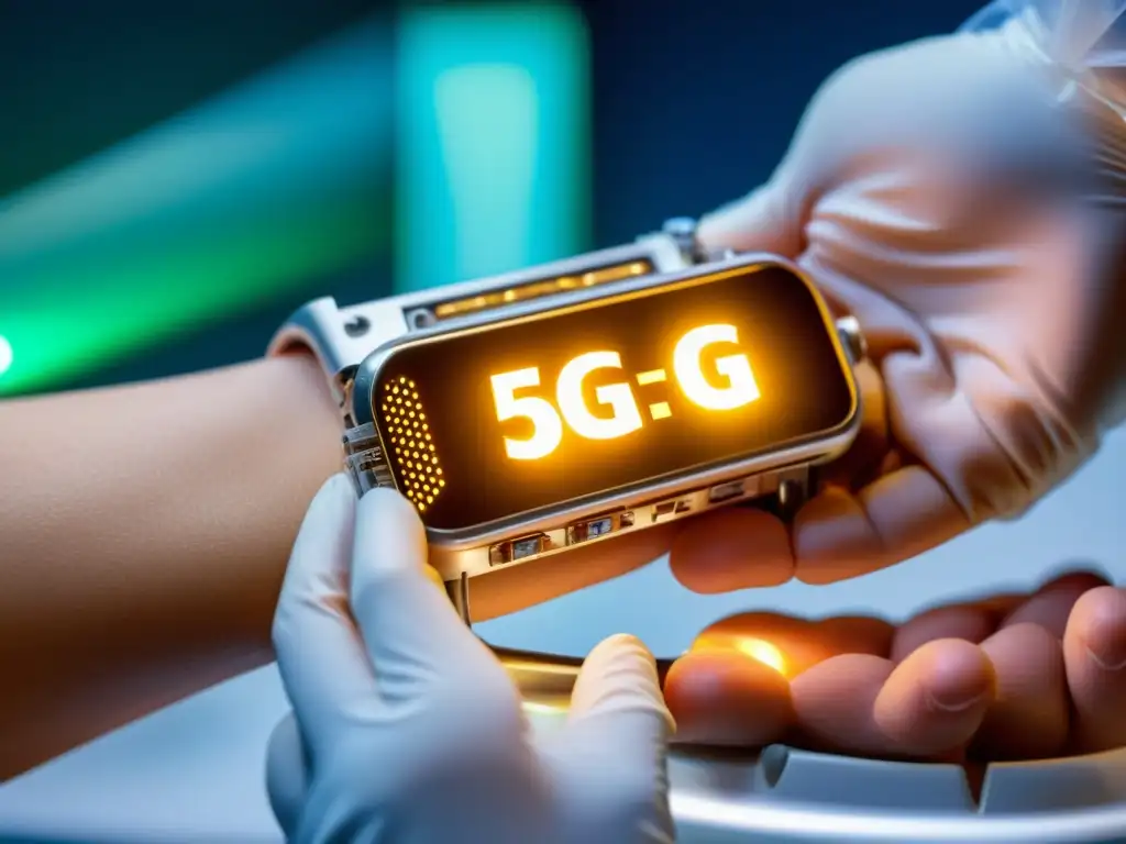 Implante 5G de alta tecnología en brazo, con circuitos brillantes y monitoreo en tiempo real, muestra avances médicos futuristas