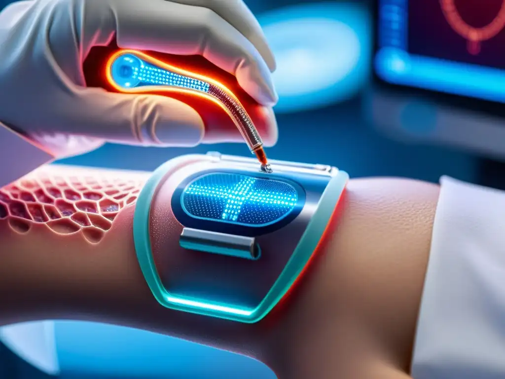 Implantes inteligentes en medicina personalizada: inserción de microimplante en torrente sanguíneo, circuitos y sensores visibles, ambiente médico futurista innovador