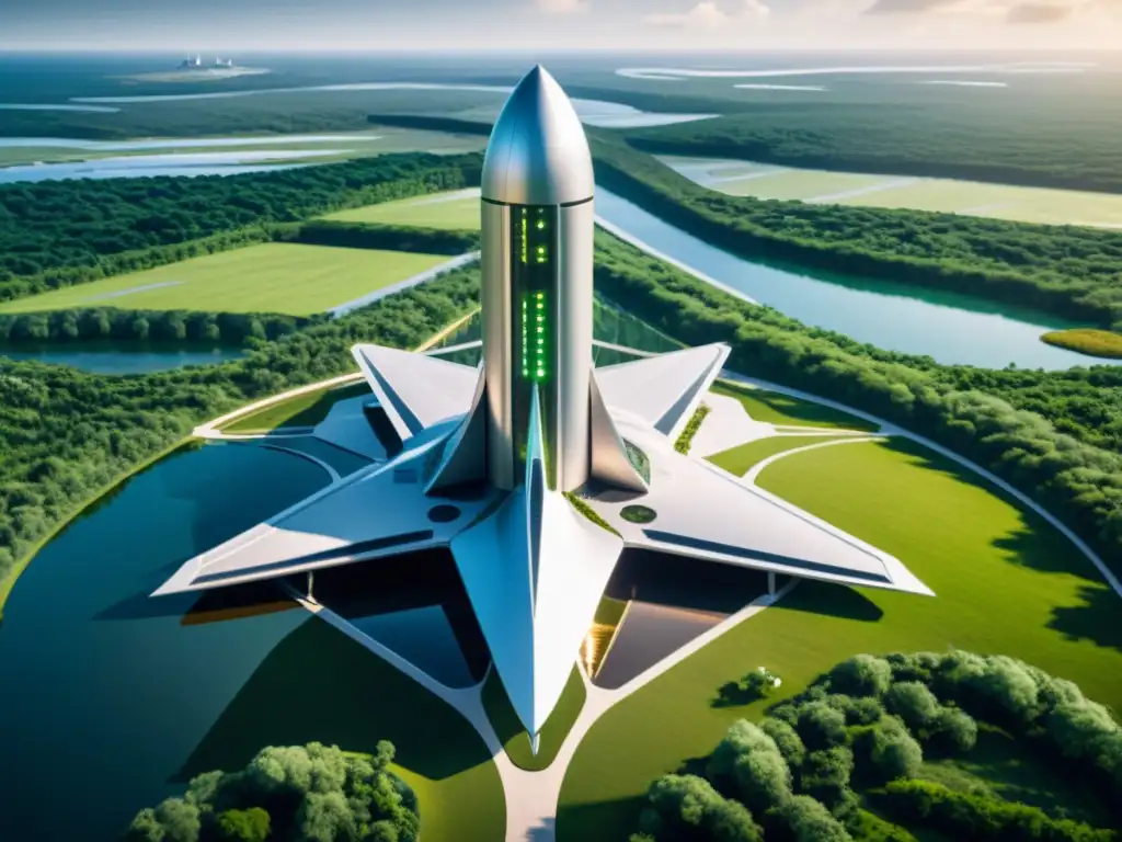 Imponente centro de lanzamiento espacial futurista en armonía con la naturaleza