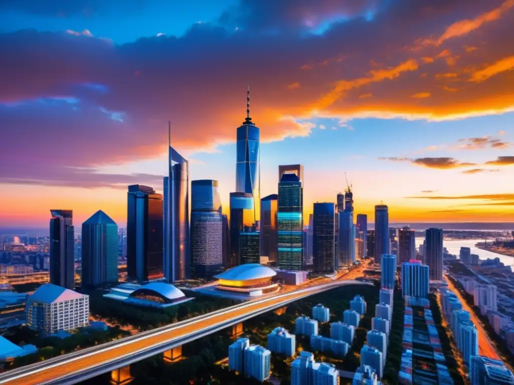 Horizonte urbano futurista: la transformación de la inteligencia artificial Imponente paisaje urbano con rascacielos futuristas, iluminados por un vibrante atardecer