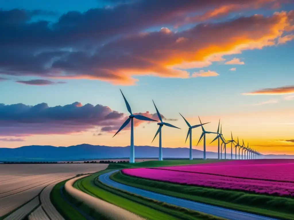 Imponente parque eólico al atardecer, con turbinas silueteadas y cielo colorido