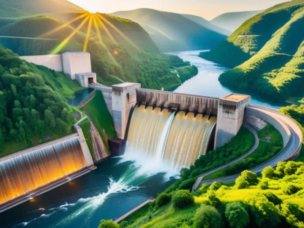 Imponente represa hidroeléctrica en un valle verde, capturando el impacto ambiental de la energía hidroeléctrica al atardecer