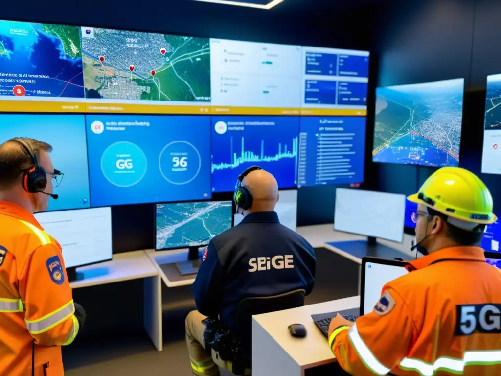 Importancia del 5G en emergencias: Equipos de rescate coordinando esfuerzos con tecnología 5G en zona de desastre, transmitiendo urgencia y eficiencia