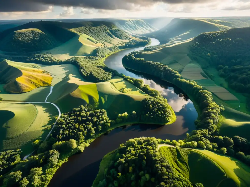 Una impresionante fotografía aérea de un exuberante paisaje con colinas ondulantes, ríos serpenteantes y densos bosques, bañados por la luz del sol