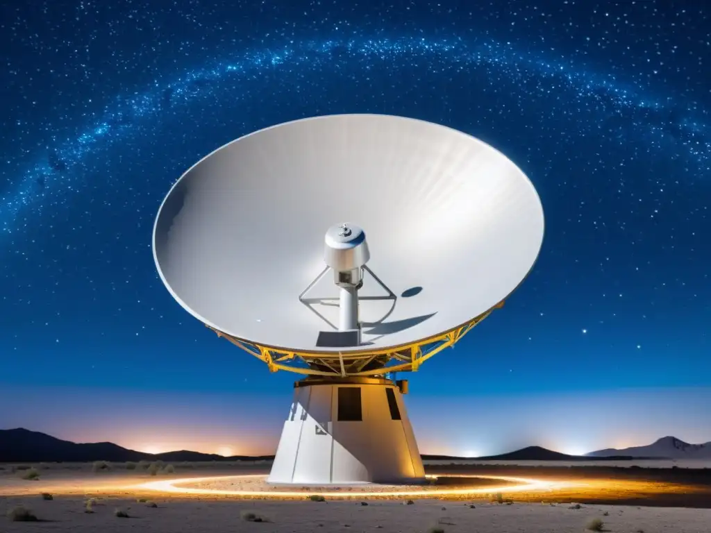 Una impresionante array de antenas satelitales futuristas en una noche estrellada, mejora comunicación satelital con 5G