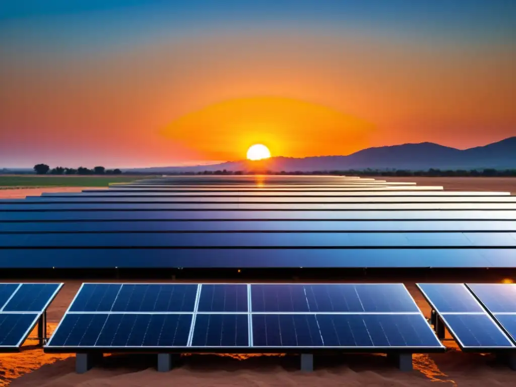 Un impresionante arreglo de paneles solares futuristas reflejando el atardecer, destacando tecnologías emergentes para combatir cambio climático