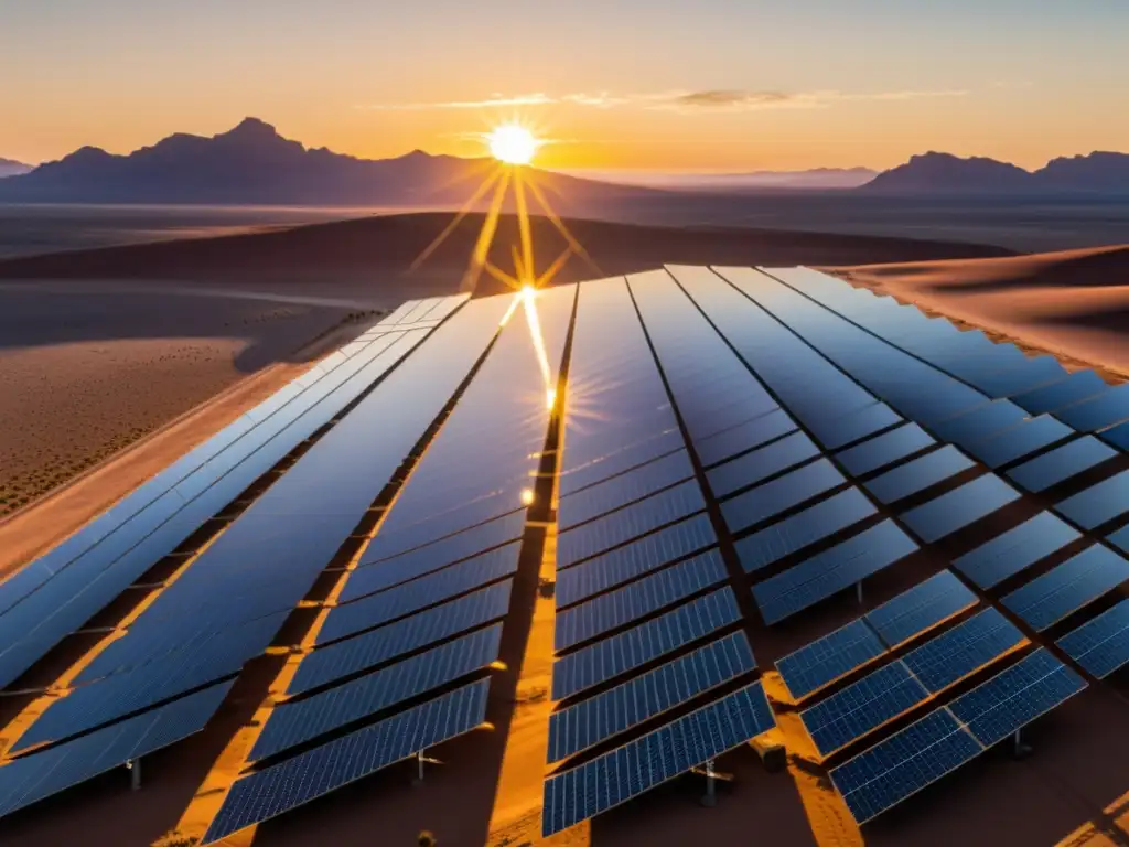 Un impresionante campo de paneles solares en el desierto al amanecer, evoca la belleza y el impacto de las energías renovables para el futuro