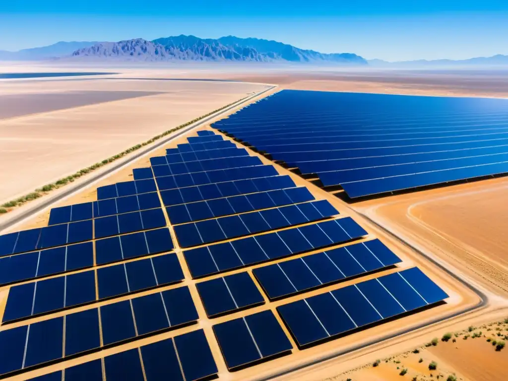 Un impresionante campo solar en el desierto, con paneles relucientes formando un patrón geométrico