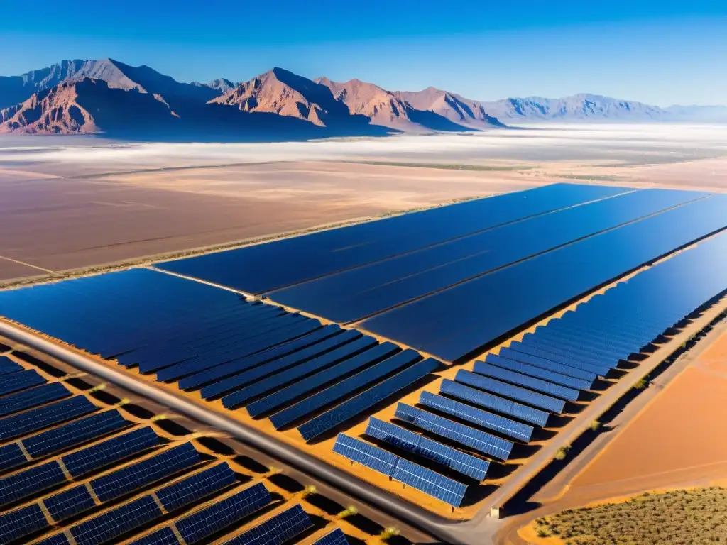 Un impresionante campo solar en el desierto, con paneles relucientes bajo el sol y montañas majestuosas al fondo