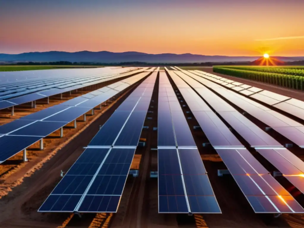 Un impresionante campo solar moderno al atardecer, con paneles solares relucientes en un patrón geométrico