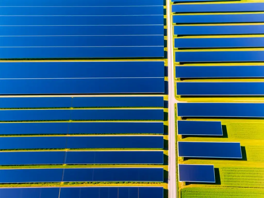 Un impresionante campo solar con paneles fotovoltaicos relucientes, creando un patrón geométrico impactante