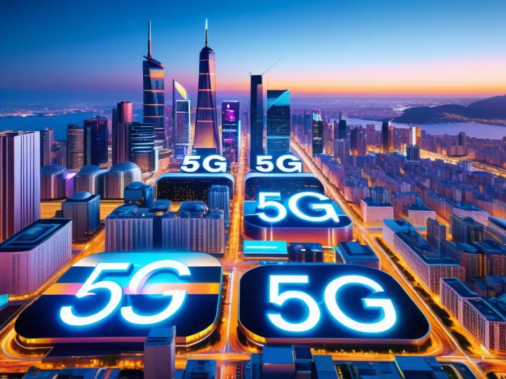 Impresionante ciudad futurista de noche con señales 5G entre rascacielos y vallas publicitarias vibrantes