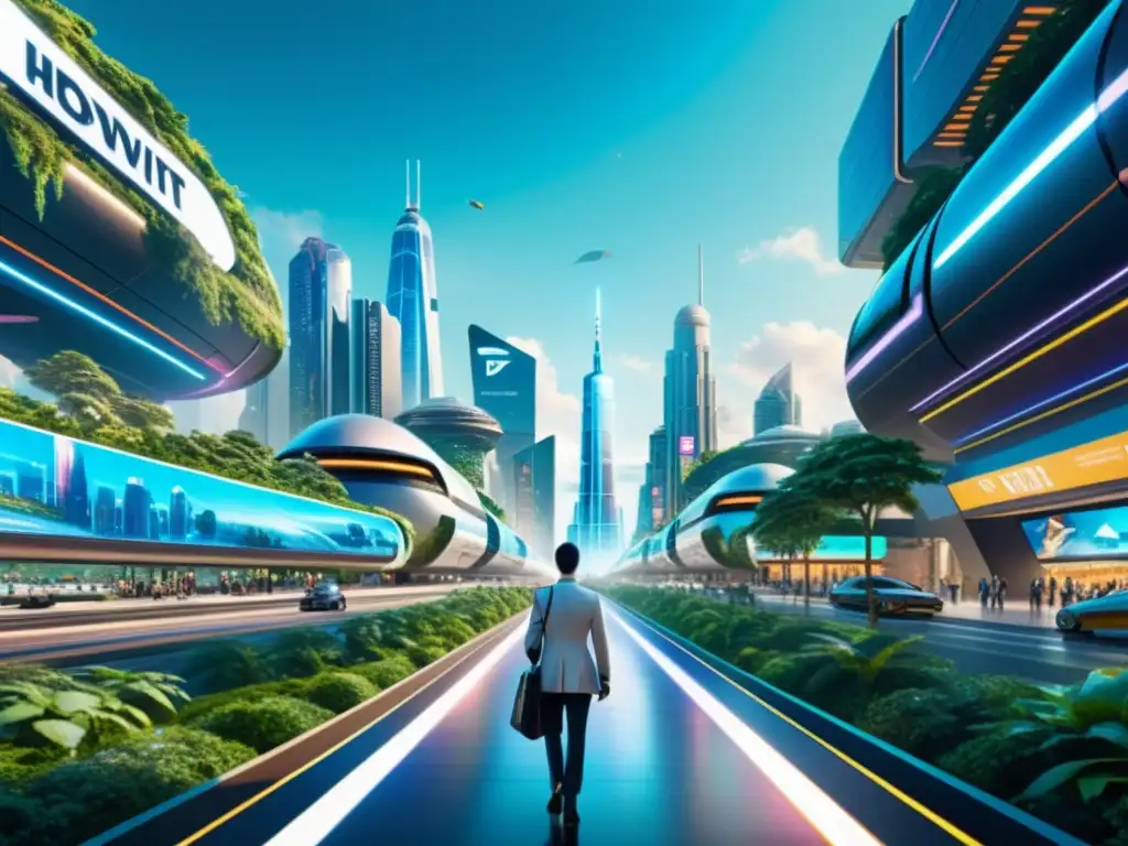 Impresionante ciudad futurista con rascacielos, hologramas y transporte futurista, integrando tecnología avanzada y naturaleza exuberante