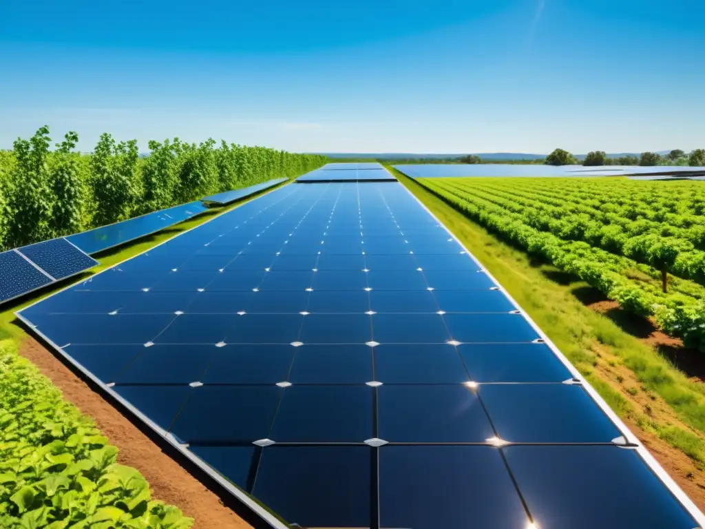 Un impresionante conjunto de paneles solares de vanguardia brilla bajo la luz del sol, reflejando el paisaje y el cielo