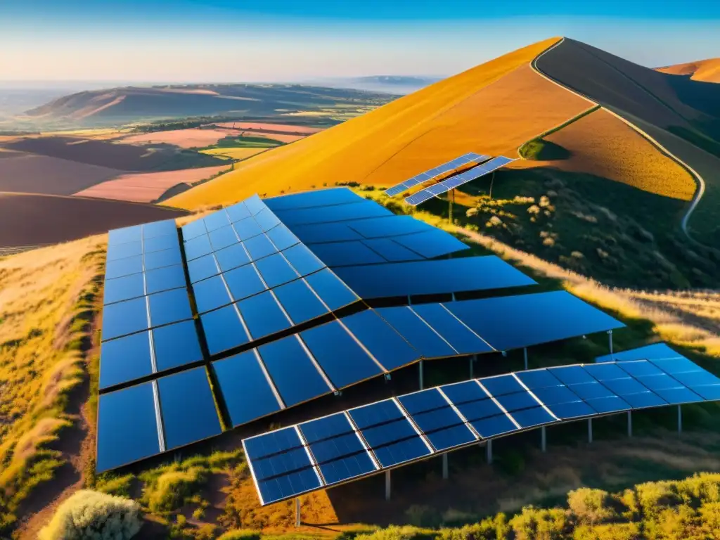 Una impresionante imagen 8k detallada de un moderno campo de paneles solares, integrando la energía renovable en el paisaje natural