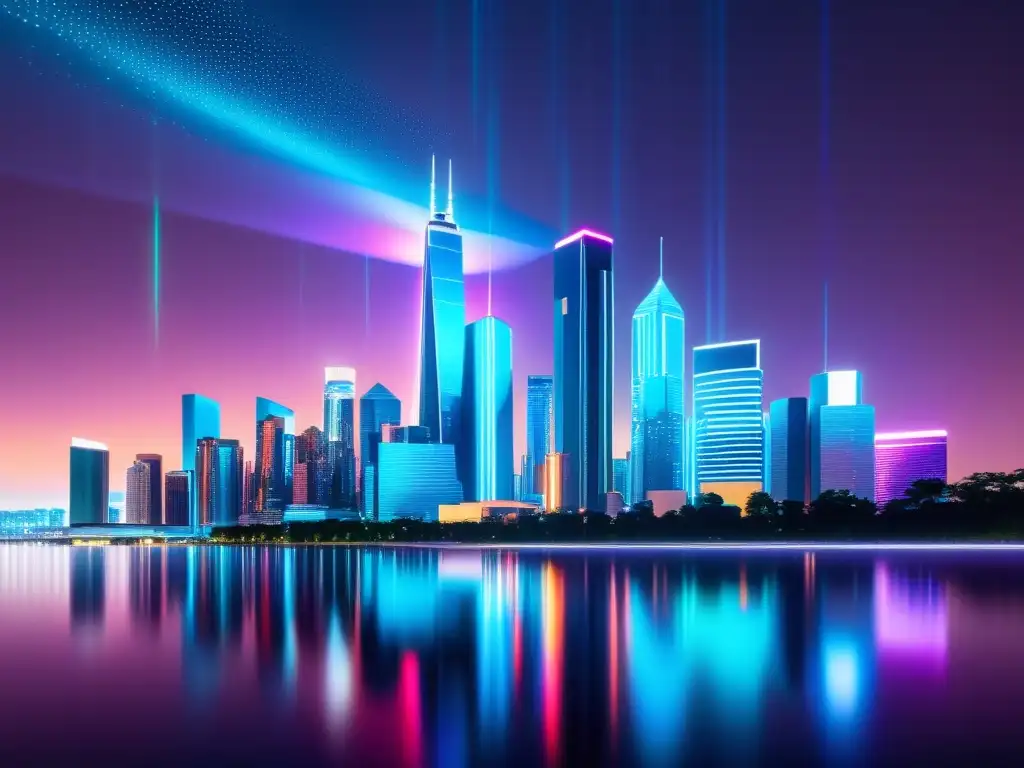 Una impresionante imagen futurista de una ciudad digital con rascacielos reflectantes y luces de neón, rodeada de tecnología criptográfica