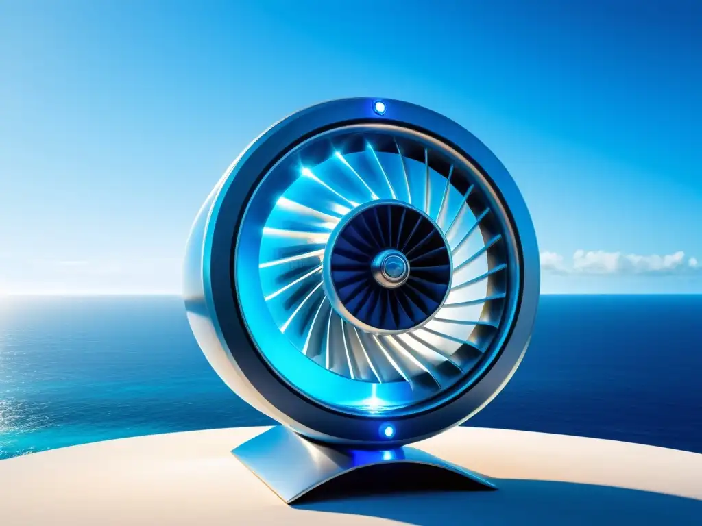 Una impresionante imagen de una futurista y elegante turbina de energía azul junto al océano, integrando tecnologías emergentes con el entorno natural